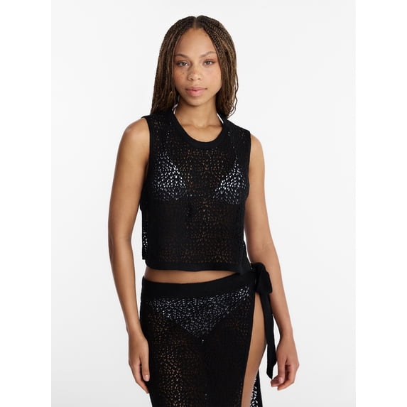 No Boundaries Cropped Crochet Knit Poncho with Side Ties, Women's