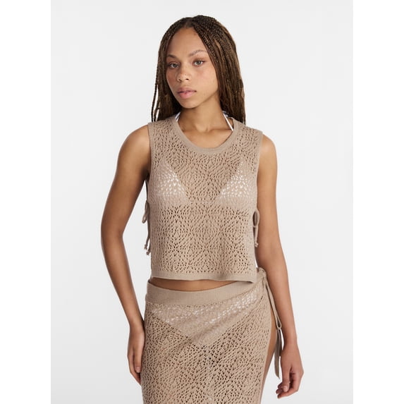 No Boundaries Cropped Crochet Knit Poncho with Side Ties, Women's