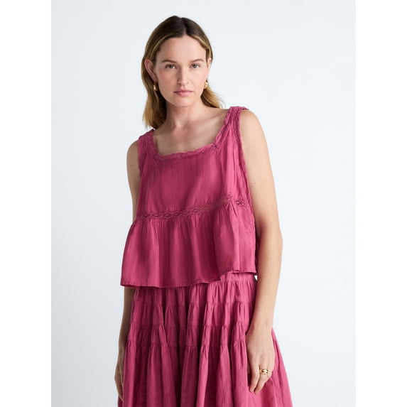 Scoop Women’s and Women’s Plus Cropped Lace Cotton Tank Top, Sizes XS-4X