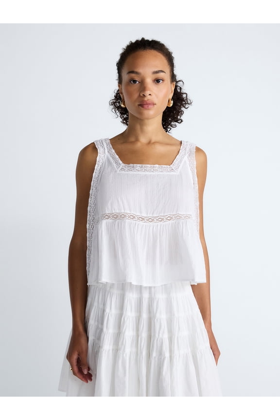 Women’s and Women’s Plus Cropped Lace Cotton Tank Top, Sizes XS-4X