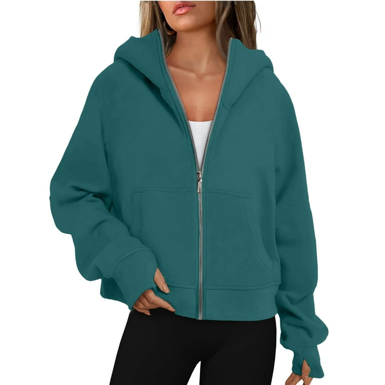 CROPPFR Women s Hoodies Long Sleeve Casual Full Zipper Sweatshirts Thumb Hole Sweatshirts Coat Jackets With Pockets Sweatshirt Hooded Crop Jacket Top with Pockets Walmart