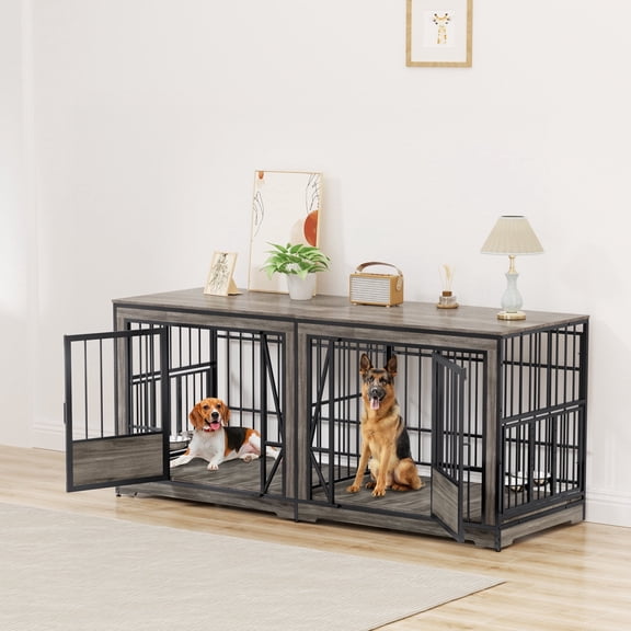 Cros 71'' Double Dog Crate Furniture with Adjustable Divider and 4 Bowls Indoor, Dog Crate Wooden TV Stand End Table for Large Breed, Grey