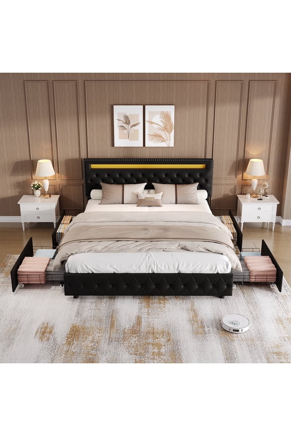 Full Size LED Bed Frame with 4 Drawers, Upholstered Adjustable Diamond Headboard, Wooden Slat Support, No Box Spring Required, PU Black