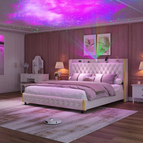 CROS Full Size LED Platform Bed with Smart LED Lights, Starry Sky Projector, USB Ports, Quick Setup, No Box Spring Required