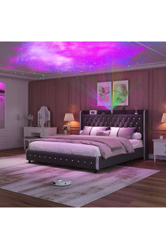 Full Size LED Platform Bed with Smart Lighting, Starry Sky Projector, USB Charging, Easy Assembly, No Box Spring Needed