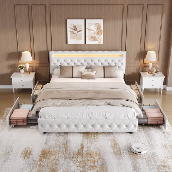 CROS Queen Size LED Bed Frame with 4 Drawers, RGB LED Headboard & Footboard, Upholstered Adjustable Diamond Headboard, Wooden Slat Support, No Box Spring Required, PU White