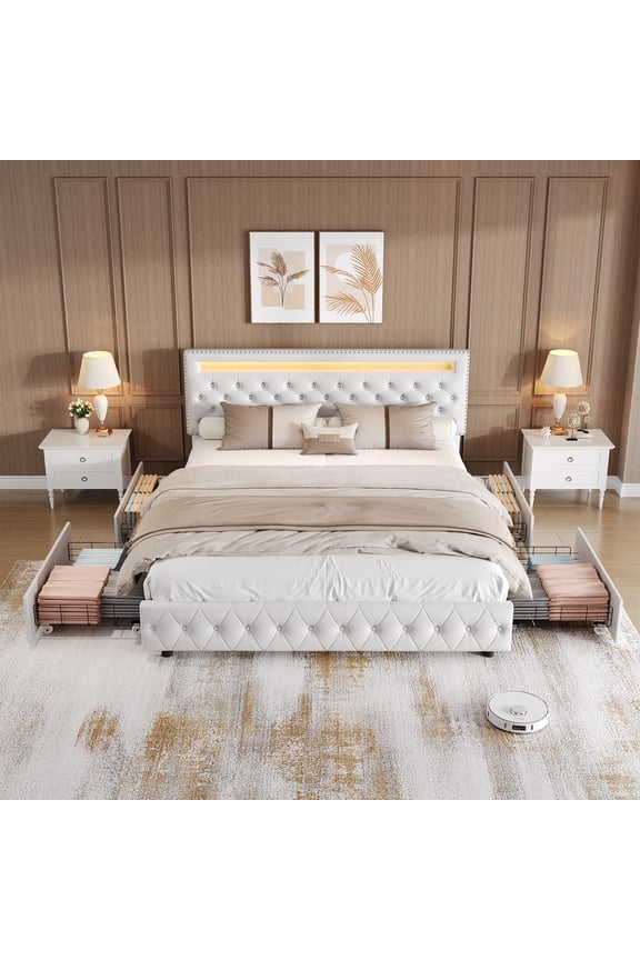 Queen Size LED Bed Frame with 4 Drawers, RGB LED Headboard & Footboard, Upholstered Adjustable Diamond Headboard, Wooden Slat Support, No Box Spring Required, PU White