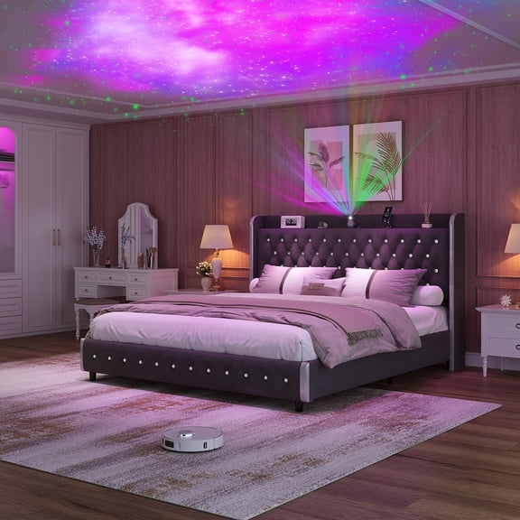 CROS Queen Size LED Platform Bed with Smart LED Lights, Starry Sky Projector, USB Charging, Easy Setup, No Box Spring Required