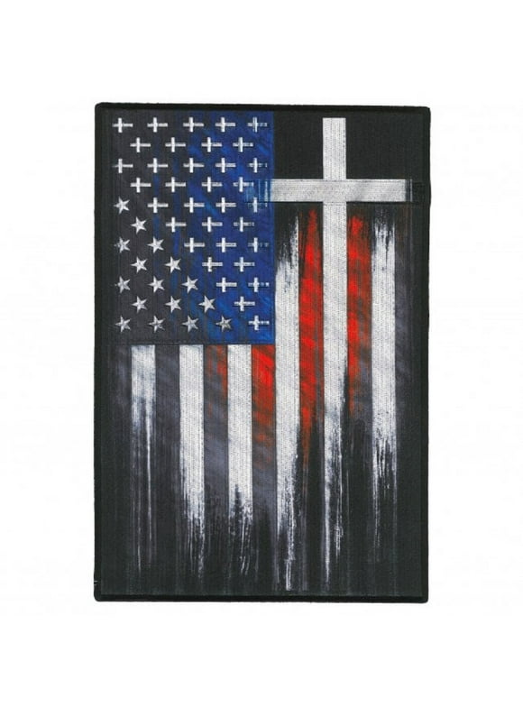 CROSS USA FLAG LARGE PATCH - Cross Designed inside US Flag, Thread Iron-On Heat Sealed / Sew-On PATCH - 7.5" x 11"