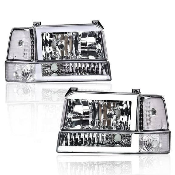 CROSSDESIGN 1Pair LED DRL Chrome Headlight Fit for 1992-1996 Ford Bronco F150 F250 F350