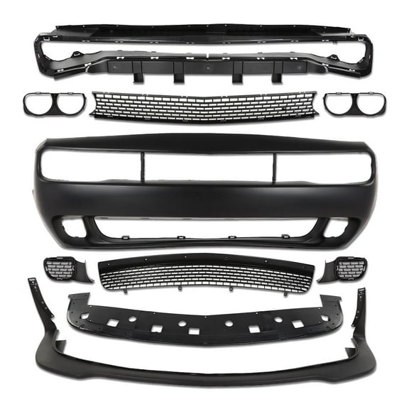 Front Bumper Cover & Grille & Lip & Fog Light Covers Hellcat Style Fit for Dodge Challenger 2015-2023 Full Bumper Replacement