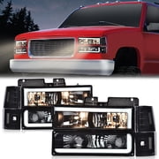 CROSSDESIGN Headlight Assembly with Bulbs & LED Running Lights Strip Fit for GMC C1500 K1500 Yukon 1994-1999