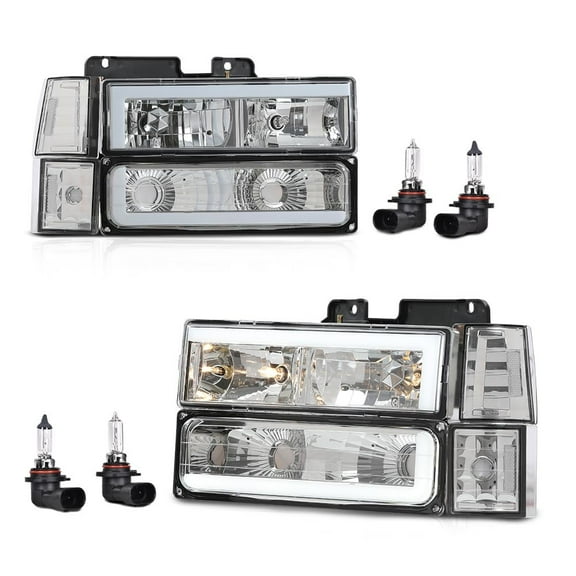 CROSSDESIGN Headlight Assembly With bulbs & LED running lights strip Fit for GMC C1500 K1500 Yukon 1994-1999