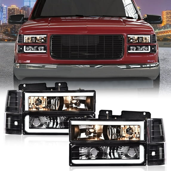 CROSSDESIGN Headlight Assembly With bulbs & LED running lights strip Fit for GMC C1500 K1500 Yukon 1994-1999