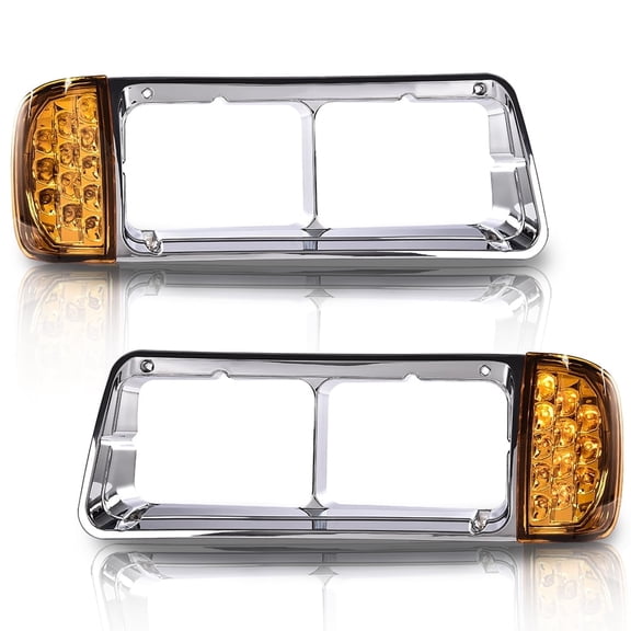 CROSSDESIGN Headlight Bezel Pair W/ LED Turn Signal Light Fit For 1988-2002 Freightliner FLD120