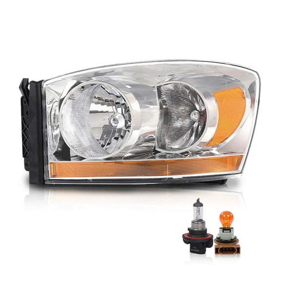 CROSSDESIGN Headlights Headlamps w/Bulbs Light Bar Left Side Fit for Dodge Ram 1500 2006-2008/Dodge Ram 2500 3500 2006-2009 Clear Lens Chrome Housing Amber Reflector
