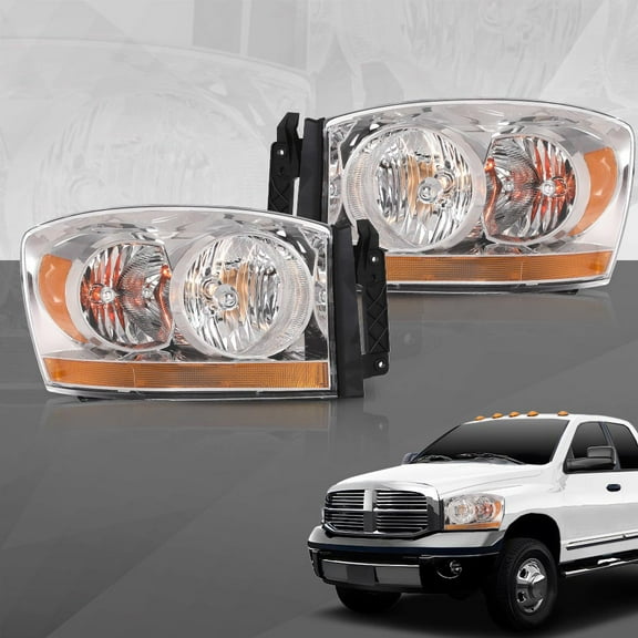 CROSSDESIGN Headlights Headlamps w/Bulbs Light Bar Pair Set Fit for Dodge Ram 1500 2006-2008/Dodge Ram 2500 3500 2006-2009 Clear Lens Chrome Housing Amber Reflector