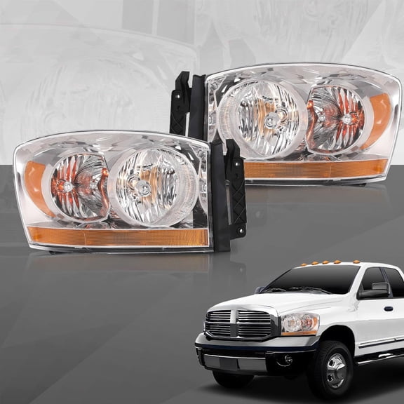 CROSSDESIGN Headlights Headlamps w/Bulbs Light Bar Pair Set Fit for Dodge Ram 1500 2006-2008/Dodge Ram 2500 3500 2006-2009 Clear Lens Chrome Housing Amber Reflector