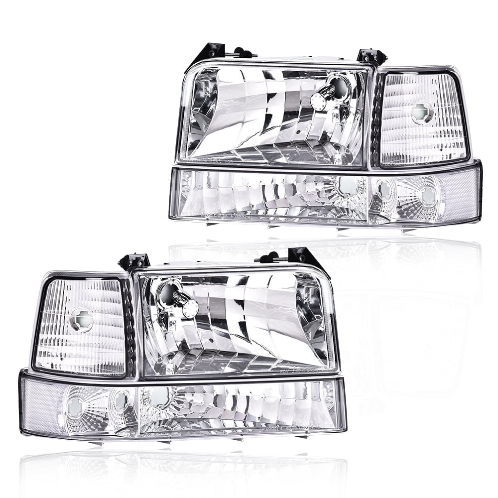 CROSSDESIGN Headlights w/Corner Signal Bumper Lamps Fit for 1992-1996 Ford F150 F250 F350 Bronco