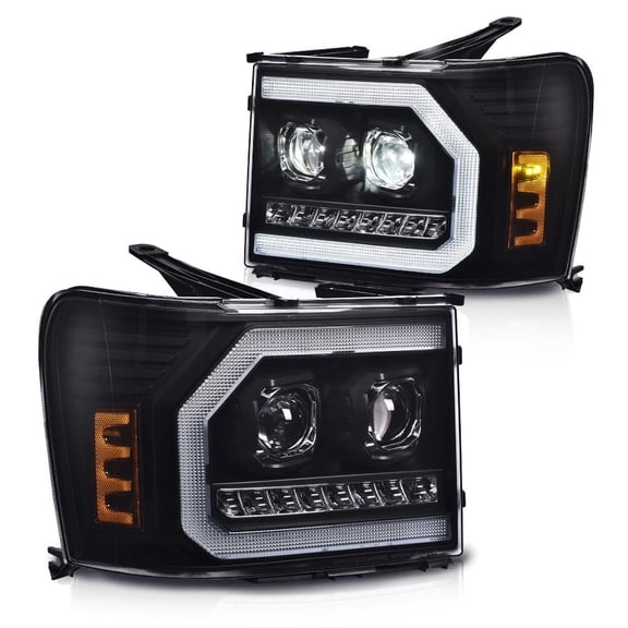 CROSSDESIGN LED DRL Tube Projector Headlights Fit for GMC Sierra 1500 2007-2013/GMC Sierra 2500HD 3500HD 2007-2012