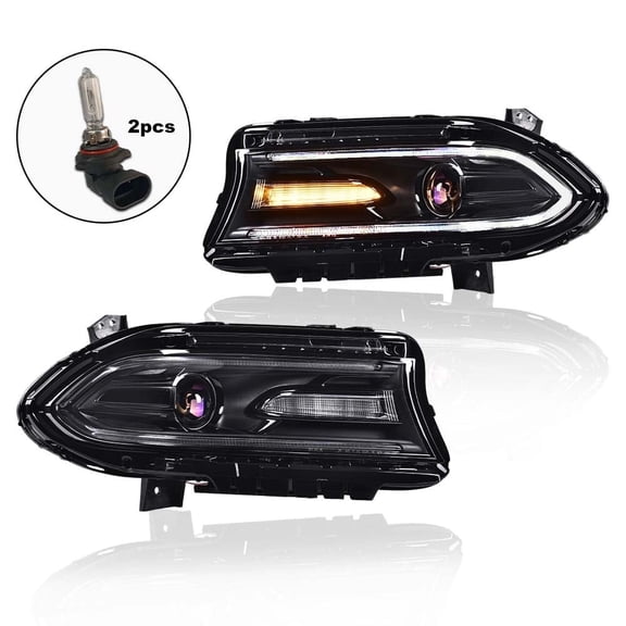CROSSDESIGN DRL LED Projector Headlights Fit for Dodge Charger 2015-2021 Headlamps Halogen Projector Clear Lens Black Housing Amber Reflector