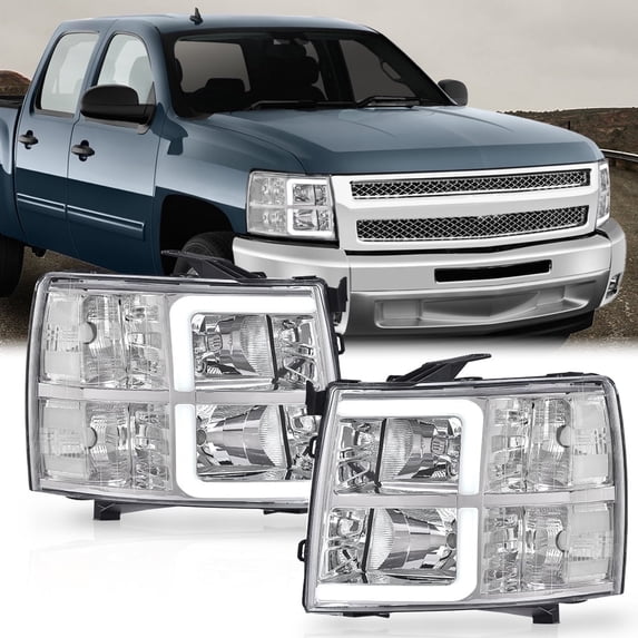CROSSDESIGN LED DRL Tube Projector Headlights Fit for Chevy Silverado 1500 2500 2007-2013 Headlamps