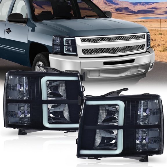 CROSSDESIGN LED DRL Tube Projector Headlights Fit for Chevy Silverado 1500 2500 2007-2013 Headlamps