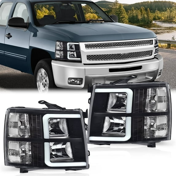 CROSSDESIGN LED DRL Tube Projector Headlights Fit for Chevy Silverado 1500 2500 2007-2013 Headlamps