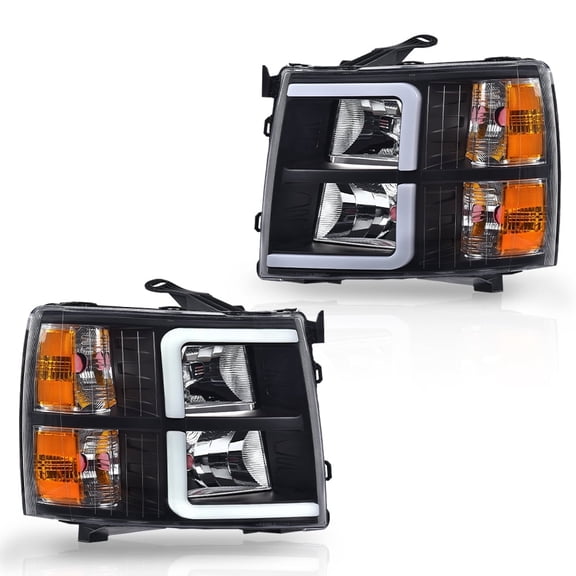 CROSSDESIGN Pair Left&Right LED DRL Tube Projector Headlights Headlamps Fit for 2007-2013 Chevy Silverado 1500 2500