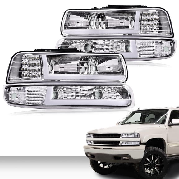 CROSSDESIGN LED Headlamps SIGNAL BAR DRL Headlights Fit for 1999-2006 Chevy Silverado/Suburban