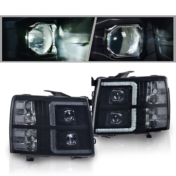 CROSSDESIGN LED Tube Dual Projector Headlights w/Bulbs Fit for Chevy Silverado 1500 2007-2013/Fit 2500 3500&HD 2007-2014/Not Fit 2007 (Old Body) Classic Headlamps