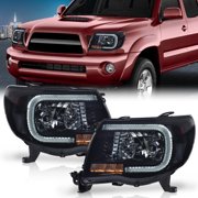 CROSSDESIGN Pair Smoke LED Tube DRL Projector Headlights Fit for 2005-2011 Toyota Tacoma