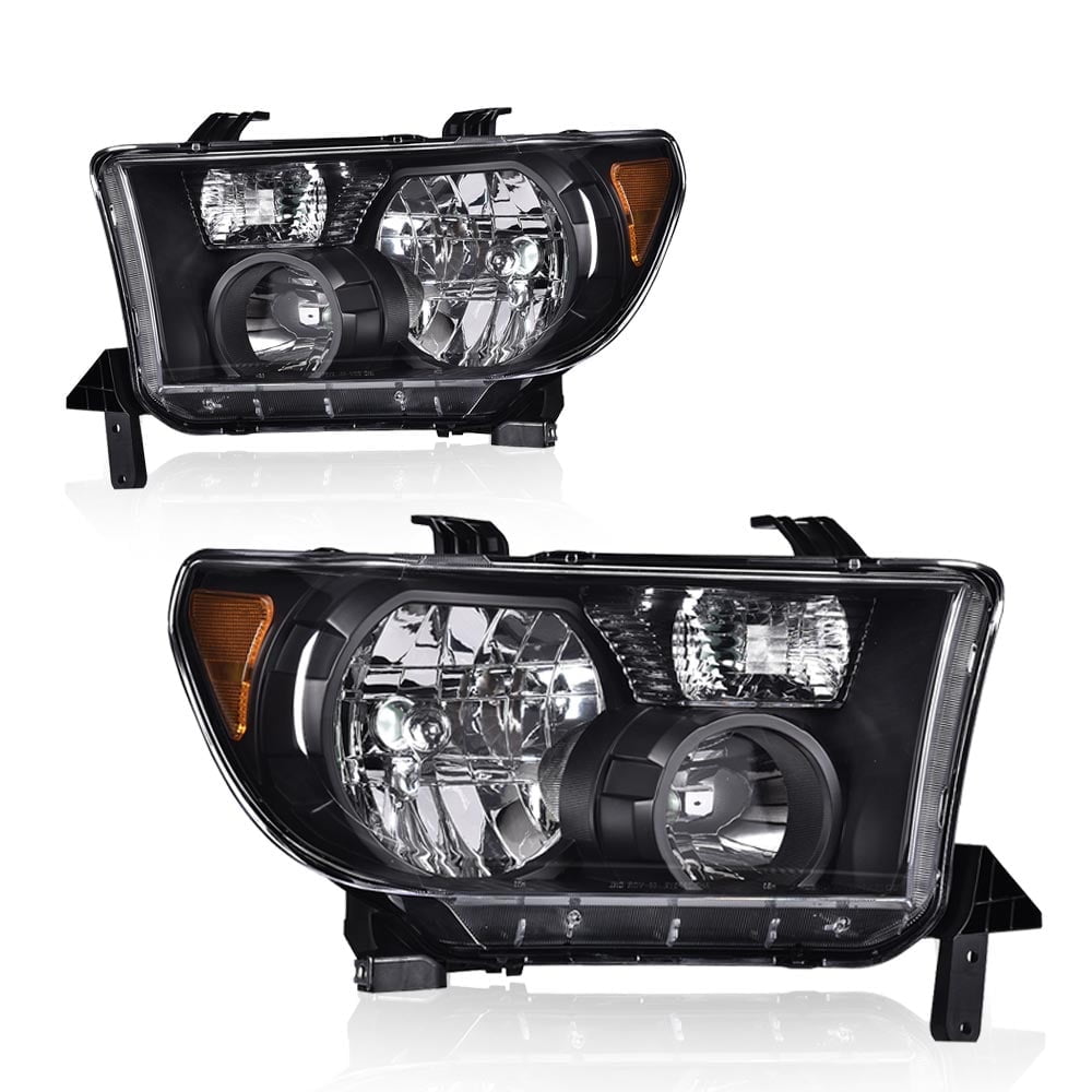 CROSSDESIGN Pair Black High/Low Beam Headlights Fit for Toyota Tundra 2007-2013/Sequoia 2008-2017