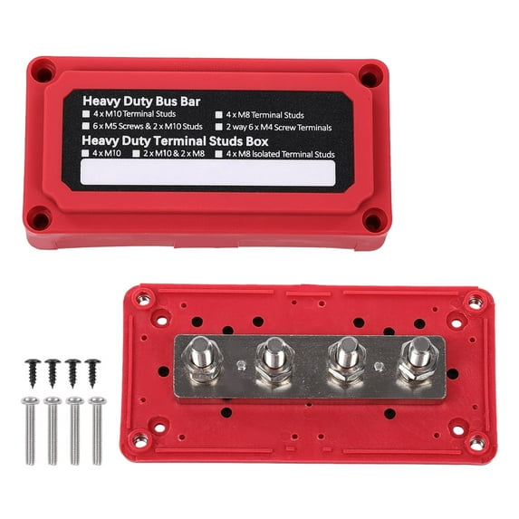 CROSSDESIGN Red Heavy Duty 4 Way Bus Bar/Power Distribution Box Terminal Studs 300A 48V DC