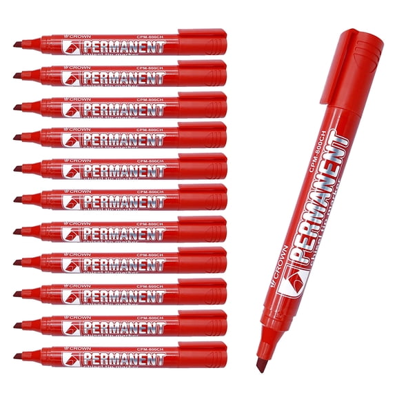 CROWN Permanent Markers Chisel Tip Markers - Pack Of 12 - Permanent Ink - Red - 2mm-5mm Line