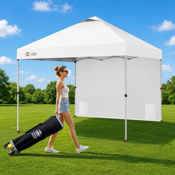 CROWN SHADES 10'x10' One Push Instant Pop Up Canopy Tent with 1 Sidewall Portable Sun Shelter for Events Parties White