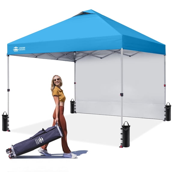 CROWN SHADES 10'x10' Instant Canopy Tent with 1 Sidewall with One Push Setup Sun Shelter for Events Parties Sky Blue