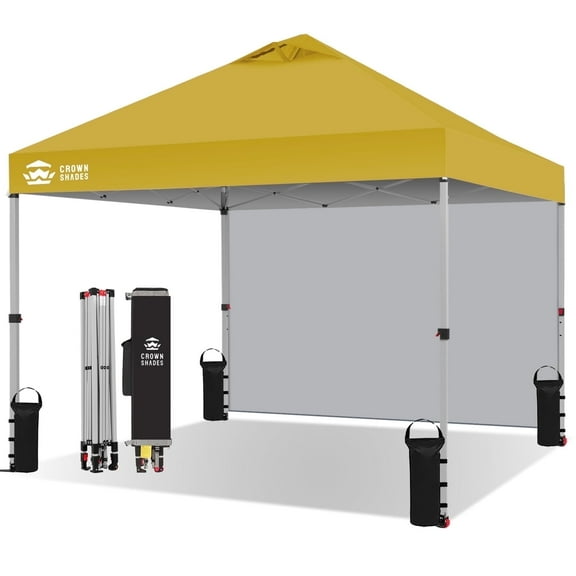 CROWN SHADES 10'x10' Instant Canopy Tent with 1 Sidewall with One Push Setup Sun Shelter for Events Parties Yellow