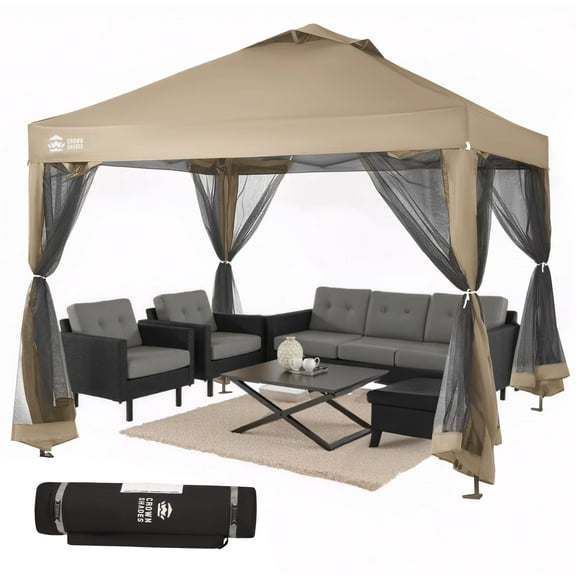 CROWN SHADES 10'x10' Pop Up Gazebo with Mosquito Netting Outdoor Canopy Tent for Patio, Yard, Wheeled Storage Bag Beige