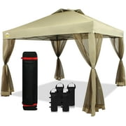 CROWN SHADES 10'x10' Pop Up Gazebo with Mosquito Netting Outdoor Canopy Tent for Patio, Yard, Wheeled Storage Bag Beige