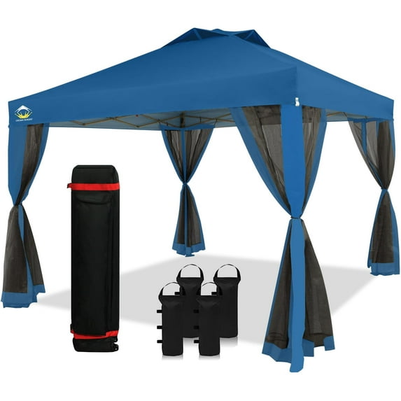CROWN SHADES 10'x10' Pop Up Gazebo with Mosquito Netting Outdoor Canopy Tent for Patio, Yard, Wheeled Storage Bag Blue