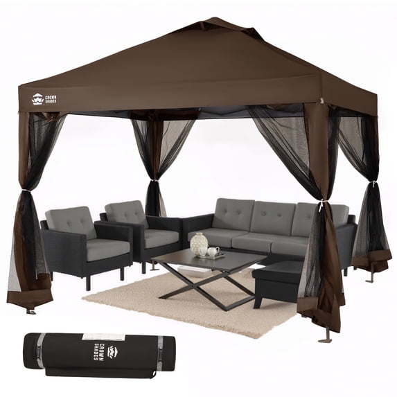 CROWN SHADES 10'x10' Pop Up Gazebo with Mosquito Netting Outdoor Canopy Tent for Patio, Yard, Wheeled Storage Bag Coffee