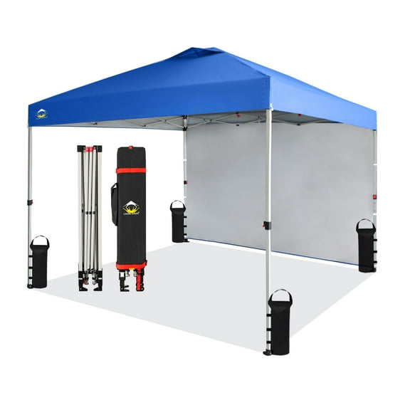 CROWN SHADES 10x10 Canopy Tent with Sidewalls, Patented One Push Pop Up Canopy with STO-N-Go Cover Bag, Outdoor Canopy with 4 Sand Bags, Blue