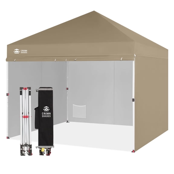 CROWN SHADES 10x10 Commercial Instant Pop Up Canopy Tent Center Lock Frame 4 Sidewalls Sto'N Go Storage Bag Beige