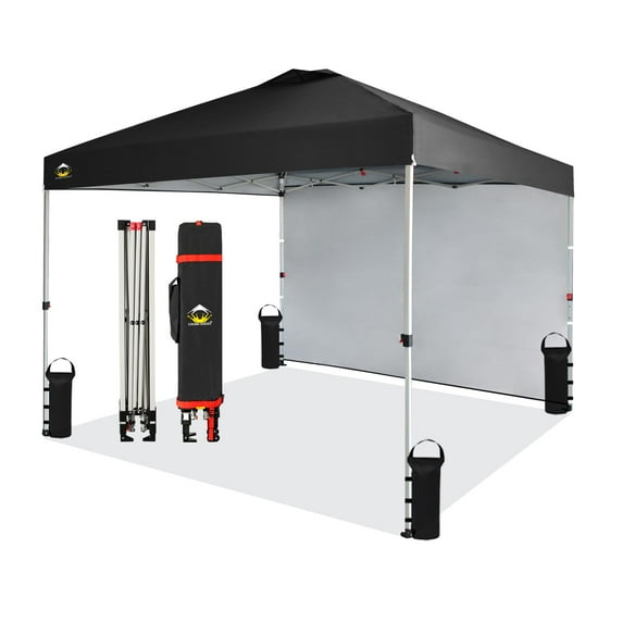 CROWN SHADES 10x10 Pop Up Canopy Tent, Commercial Instant Setup with 150D Silver-Coated Fabric, Removable 1 Side Wall, 4 Ropes, 8 Stakes, Weight Bags, STO 'N Go Bag, Siver-Coated Black