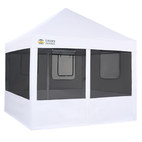CROWN SHADES 10x10 Pop Up Canopy Tent with 4 Mosquito Netting, Instant Commercial Tent with Patended Centerlock, Sto'N Go Bag,White