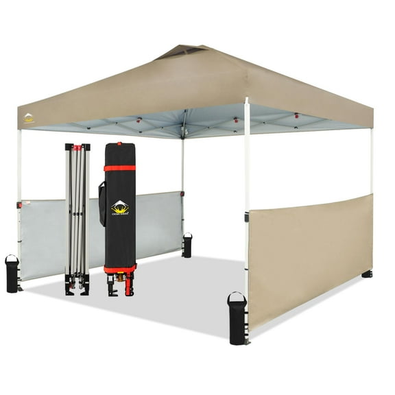 CROWN SHADES 10x10 Pop up Canopy Tent Instant Canopy Including 2 Half Sidewalls, 4 Ropes, 8 Stakes, 4 Weight Bags, STO 'N Go Bag Beige