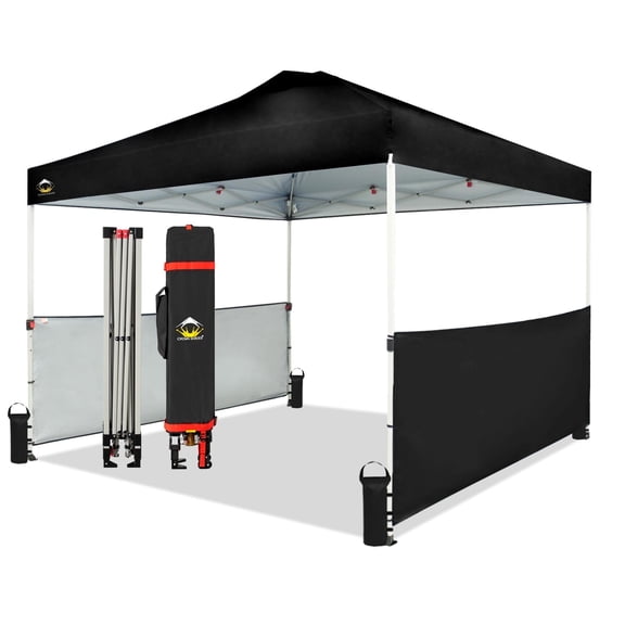 CROWN SHADES 10x10 Pop up Canopy Tent Instant Canopy Including 2 Half Sidewalls, 4 Ropes, 8 Stakes, 4 Weight Bags, STO 'N Go Bag Black