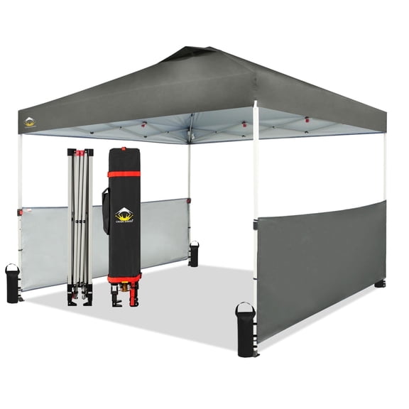 CROWN SHADES 10x10 Pop up Canopy Tent Instant Canopy, One Push Setup with 2 Half Sidewalls, 4 Ropes, 8 Stakes, 4 Weight Bags, STO 'N Go Bag, Gray
