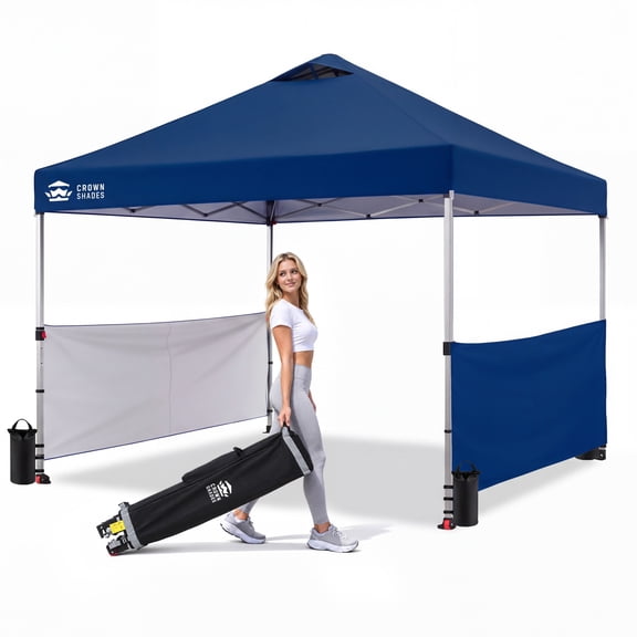 CROWN SHADES 10x10 Ez Pop Up Canopy Tent, Outdoor Sun Shade Shelter Canopy, One Push Setup with 2 Half Sidewalls, UPF50+, STO 'N Go Bag, Navy Blue